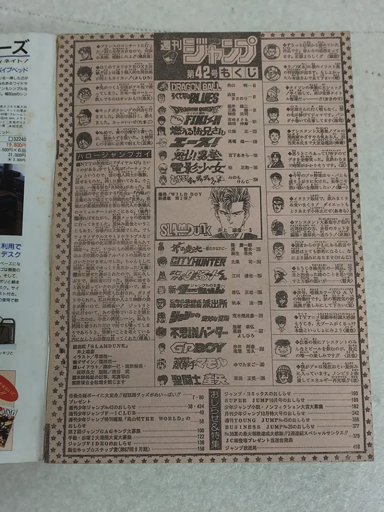 1990年第42号『SLUM DUNK(スラムダンク)』連載開始号 目次