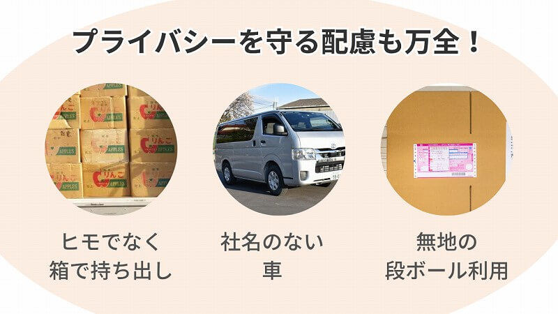 プライバシーを守る配慮も万全！ヒモでなく箱で持ち出し 社名のない車 無地のダンボール利用